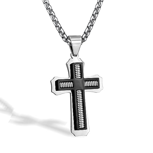 Men's Stainless Steel Large Jesus Christ Cross Pendant Necklace With Byzantine Chain 22 24 26 inch,Black/Gold/Silver