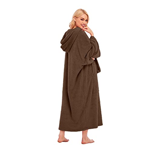 ALCRISP Large Robe de Chambre Femme Chaude Polaire avec Capuche Oversized Grande Taille Pyjama Paresseux Couverture Serviette Poncho Couleur Unie Microfibre Douce Automne Hiver Nightwear