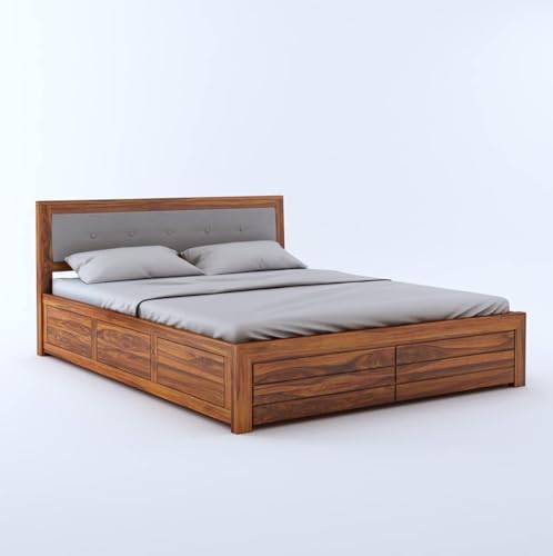 Image of Ganpati Arts Solid Sheesham Wood Euro King Size Bed with Hydraulic Storage and Upholstered Headboard | Wooden Double Bed Cot Palang Furniture for Bedroom, Living Room, Home and Hotel (Natural Finish)