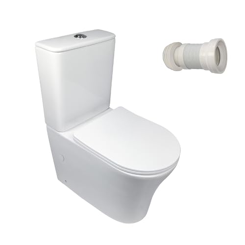 BAIKAL Pack Inodoro T1 + Manguito Extensible 150-470mm. WC Compacto a Suelo con Sistema Rimless y cisterna Monobloque de Doble Descarga. Sanitario con Salida Dual y Asiento con caída Amortiguada