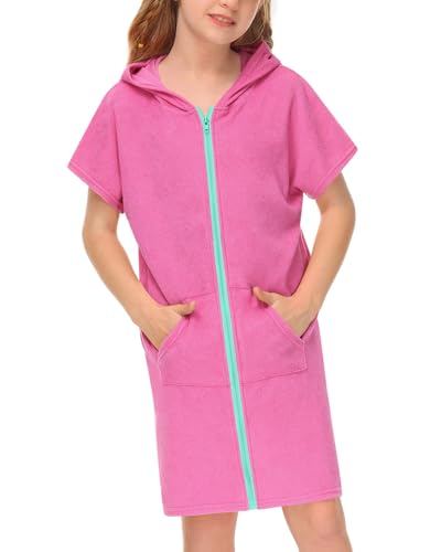 BesserBay Mädchen Kurzarm Frottee Badeponcho Rosenrot Reißverschluss...