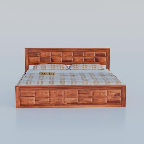 Image of Solid Sheesham Wood King Size Bed with Storage | Wooden Double Bed Cot for Bedroom & Home | Palang Double Bed with Designer Headboard | Honey Finish | 81 x 74 Inch
