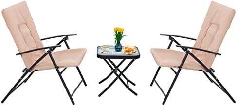 JOYTIO 3-Piece Folding Patio Bistro Dining Set, Outdoor Dining Furniture Set with 2 Folding Reclining Chairs with Cushion and 1 Folding Glass Table - Beige