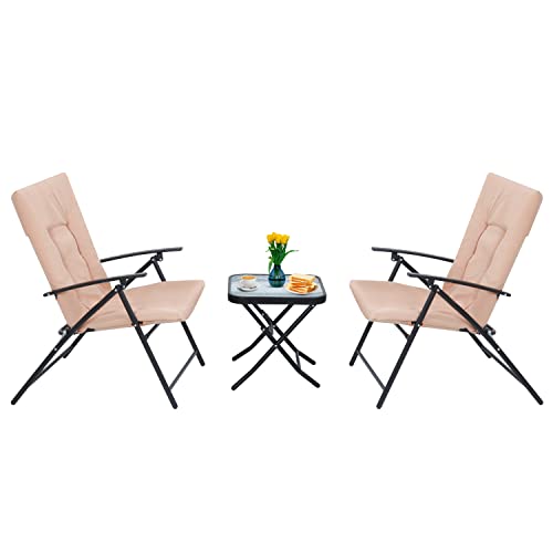 Joytio 3-Piece Folding Patio Bistro Dining Set, Outdoor Dining Furniture Set With 2 Folding Reclining Chairs With Cushion And 1 Folding Glass Table - Beige #TOP2
