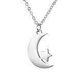 IMINI Minimalist Crescent Moon Star Pendant Necklace - Adjustable Stainless Steel Chain 42-47cm, Simple Trendy Celestial Jewellery for Women, Every Day Wear & Birthday (Silver)
