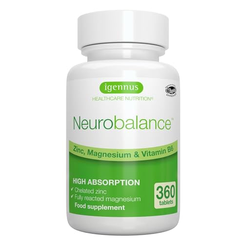 Igennus Neurobalance, Picolinato de Zinc de Alta Absorción 24mg, Magnesio y B6, Adultos y Niños, Etiqueta Limpia, Función Cerebral, Ayuda a Dormir, Recuperación Muscular, Vegano 360 comprimidos
