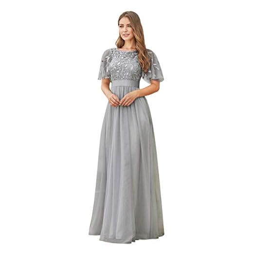 Ever-Pretty A-línea Cuello Redondo Vestido de Noche Encaje Manga Corta Largo para Mujer Gris 40