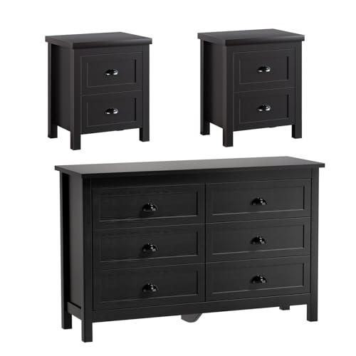 SINROM 3-Piece Dresser Bedroom Set, Farmhouse 6 Drawer Dresser & 2 Drawer Nightstands Set of 2, Chest of Drawers and Night Stand, 3 Pcs Bedroom Furniture Set