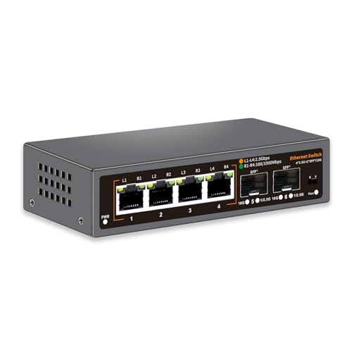 Conmutador Ethernet de 6 puertos 2.5G no gestionado, 4 puertos 2.5G Base-T, 2 x 10G SFP, para 100/1000/2500 Mbps, VLAN, sin ventilador, 2,5 G, conmutador de red de escritorio, montaje en pared, diseño