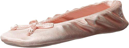 isotoner Women's Satin Ballerina Slipper with Bow, Suede Sole, evening sand, 6.5-7.5 M