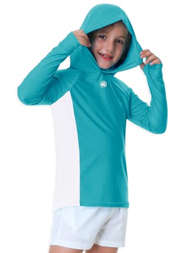 Image of AOBUTE Unisex Kids Long Sleeve Hoodie Rash Guard Boys UPF 50+ Swim Top with Thumb Hole 3-12 Years