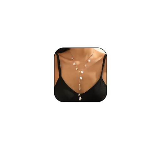 Baroque Pearl Necklaces for Women Dainty irregularity Pearl Pendant Necklace Vintage Y Shaped Necklace Chunky Gold Necklaces Birthday Wedding Jewelry (D)