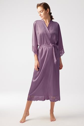 Image of BABEYOND Satin Kimono Robe Silky Long Bridesmaid Wedding Lightweight Bath Robe with Lace Trim