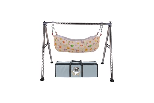 NEW PRIMA HUB Cradle, Swing, Ghodiyu, Palna, Jhula for New Born Baby Boy and Girl Easy to Assemble, Portable, Lightweight, Stainless Steel, Noise Free Hanging, Strong and Safe Folding (Round Black)