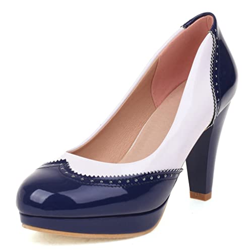 Women's Round Toe Two Toned Slip On Dress Pumps Patent Leather Platform High Heel Oxford Pump Shoes