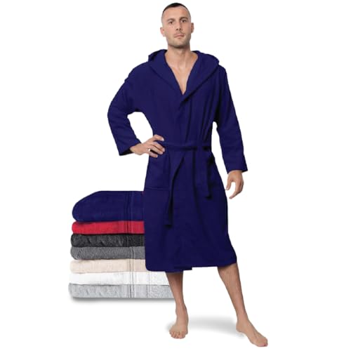 Twinzen Peignoir de Bain Homme - XXL - Bleu - 100% Coton avec Capuche - Certifié OEKO-TEX® - Robe de Chambre Eponge 2 Poches, Ceinture - Doux, Absorbant et Confort