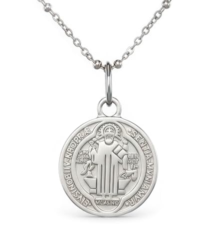 Only faith Collar Medalla de San Benito, Acero Inoxidable 316L, cadena de 45 cm, Disponible en Dorado y Plateado, 2 Estilos (San Benito Artesanal Plateado)