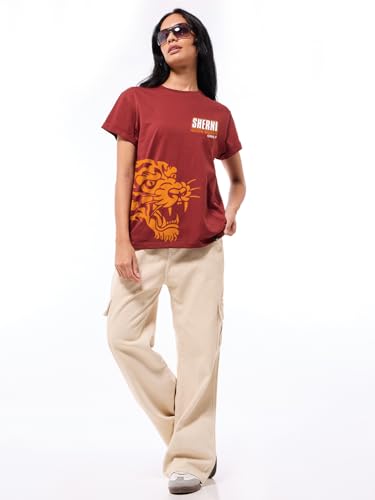 Image of Bewakoof Women's 100% Cotton Typography Boyfriend Fit Half Sleeve Round Neck T-Shirt | Casual wear | Streetwear | Oversized Tshirt for Woman Cotton| Baggy