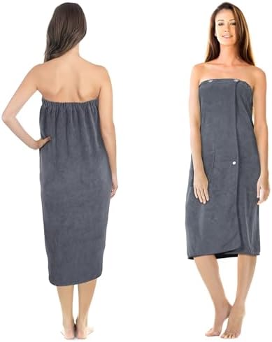 Jokisa Saunakilt Damen, Saunahandtuch mit Knöpfen–Saunatuch Damen aus 400 g/m² Mikrofaser, mit Taschen und Gummiband, Handtuchkleid Geeignet für Sauna, Badezimmer, Schwimmbad (Gray