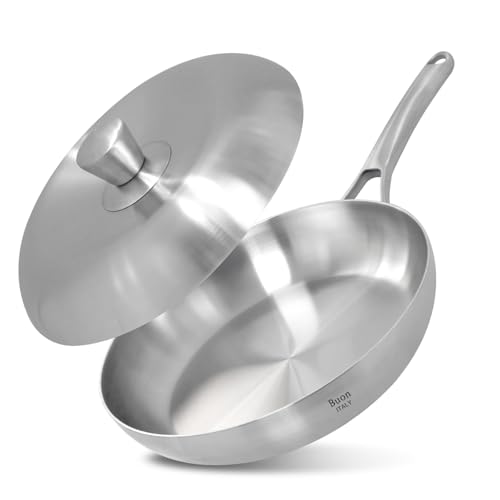 Buon 5-layer stainless steel 8 frying pan with lid - induction gas and electric professional cookware - Dishwasher safe oven safe up to 800F - Durable multi-functional even heating