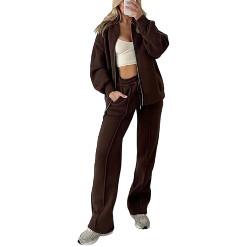 Ldabrye Conjunto deportivo de 2 piezas para mujer con capucha con cremallera y pantalones deportivos de pierna ancha, bolsillos a juego para mujer, marrón oscuro, 4XL