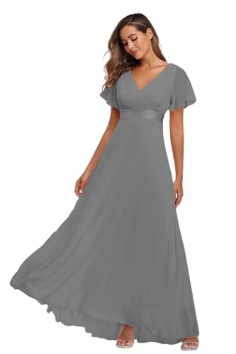 Long Chiffon Evening Gowns A-Line Empire Waist Formal Dress with Flutter Sleeves FBALN01