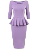 MUXXN Women's Retro 50s Style 3/4 Sleeve Midi V Neck Vintage Bussiness Formal Work Peplum Pencil Dress Lilac Purple XL