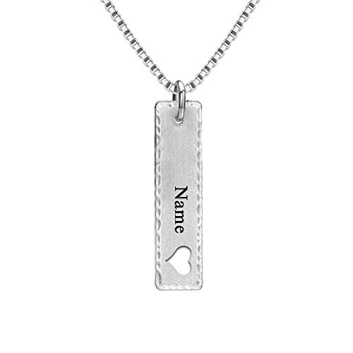 Dreamdecor Engraved Bar Necklace Personalized, 925 Sterling Silver Vertical Bar Necklace with Heart Footprint for Mom