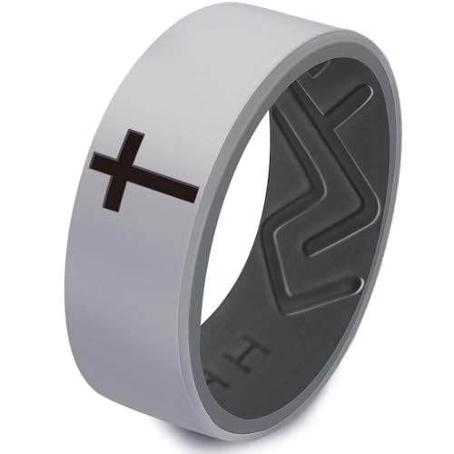 XAHH 2PCS Silicone Ring Set for Men Women,Classical Simple Christian Cross Religious Couple Rubber Wedding Bands,Black Grey,Pink Purple2
