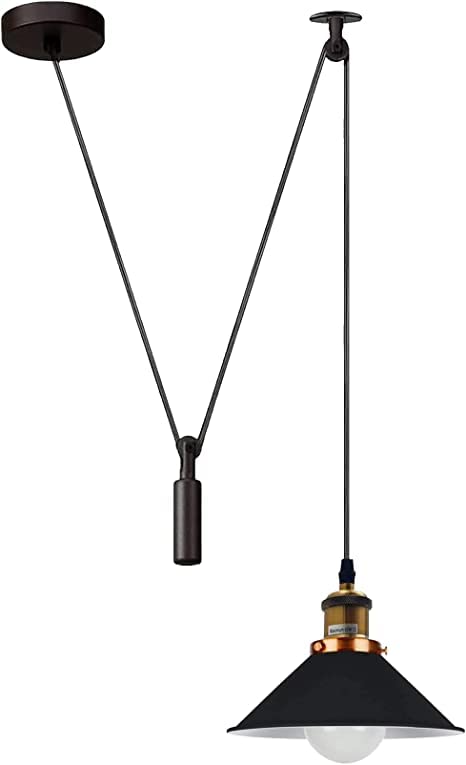 Lámpara colgante de techo, pantalla de metal de 22 cm, cable de altura ajustable de 2 m, base de bombilla Edison vintage de 60 W E27, iluminación de polea industrial, lámpara de isla para comedor de