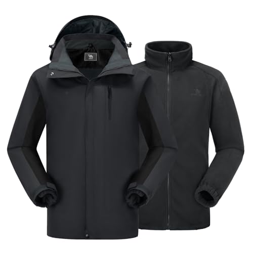CAMEL CROWN Men's 3 in 1 Ski Snow Jacket Waterproof Winter Snow Coat Windproof Warm Fleece Lining Hiking Jacket Hooded Rain Jacket Dark Grey/Black XL