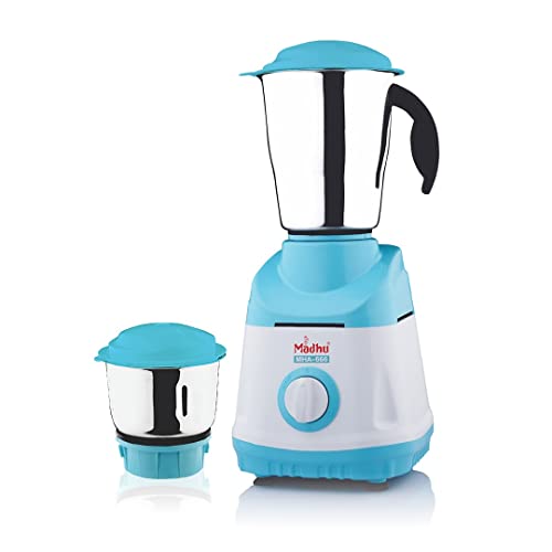 Image of MADHU MHA-666 MIXER GRINDER inchCOPPER MOTOR, STAINLESS STEEL BLADE, OVERLOAD PROTECTION, 600 WATTS, 2 STAINLESS STEEL JARS, 3 SPEED, ABS BODY, COMPACT DESIGN, ANTI SKID FEET, 1 YEAR WARRANTY inch(SKY BLUE))