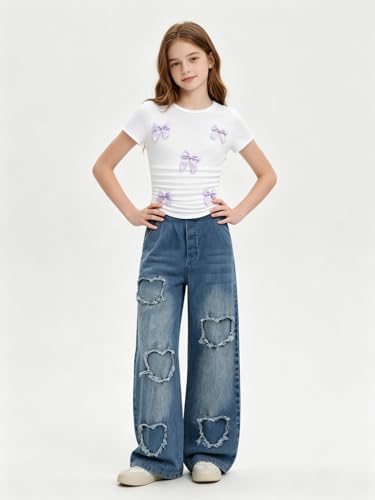 Image of Size 7-14 Years Girls 2 Piece Outfits Bow Short-Sleeved Top and Jeans Pants Clothing Set