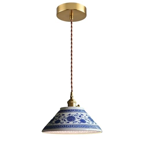 Suspension vintage porcelaine bleue et blanche au motif floral de style chinois