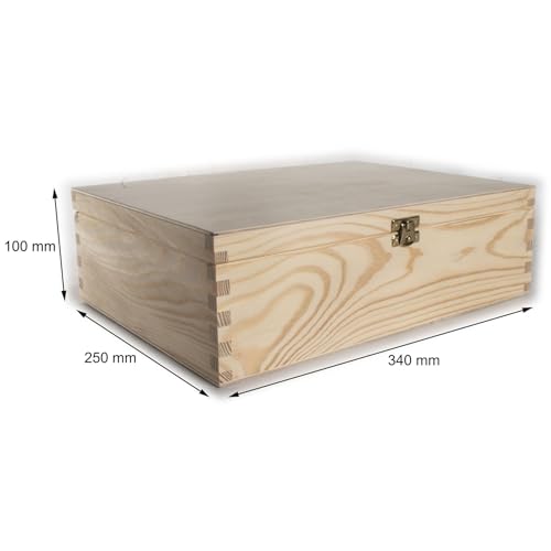 WooDeeDoo Rectangular Wooden Storage Box with Hinged Lid and Clasp – 34 x 25 x 10 cm – Unfinished Pine Case for A4 Documents Art Supplies Craft Projects Office Organisation