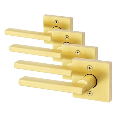 Image of Kwikset Halifax Interior Passage Door Handle, Lever for Closet and Hallway Doors, Reversible Non-Locking Handle Lever, Satin Brass, with Microban Protection (Pack of 4)