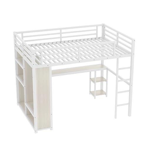 Image of Bellemave Queen Size Loft Bed with Desk, Wardrobe, Metal Queen Loft Bed Frame for Adults, Kids, Teens, White Wood-Grain