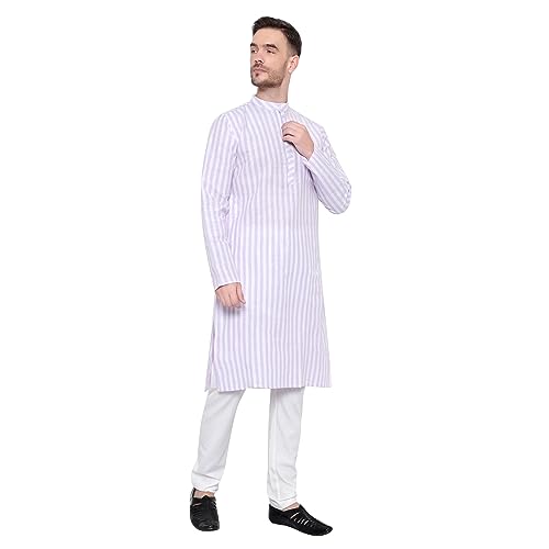 Image of LATEST CHIKAN Broad Striped Cotton Men's Long Kurtas