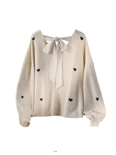 BEAUDRM Women's Plus Size Heart Graphic Sweaters Y2k Bow Tie Back V Neck Long Sleeve Knitwear Tops Fall Clothes Beige 3X-Large Plus