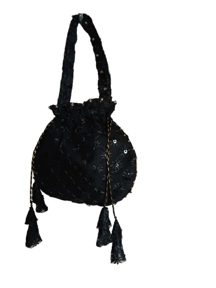 Paras Black Embroidered Potli Bag with Sequins, Tassels, and Beaded Handle for Women-picture-38