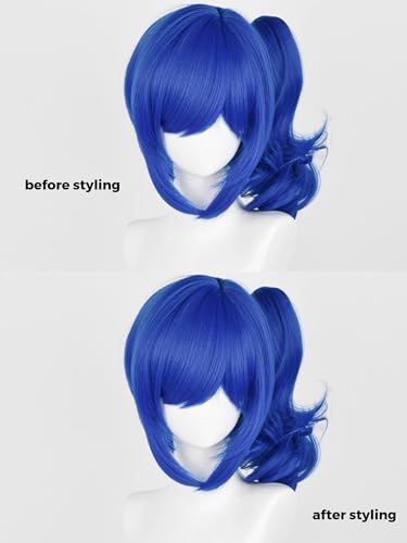 Image of Half and Half Dark Blue Curly Anime Ponytail Wig with Bangs for Women 14.5'' Deep Blue Aoi-Kiriya Cosplay Wigs Sapphire blue Hair Wig for Costumes Party Halloween