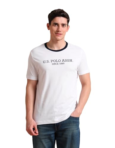 Image of U.S. POLO ASSN. Brand Printed Cotton T-Shirts for Men - Half Sleeves Mens Casual T Shirts - M, White