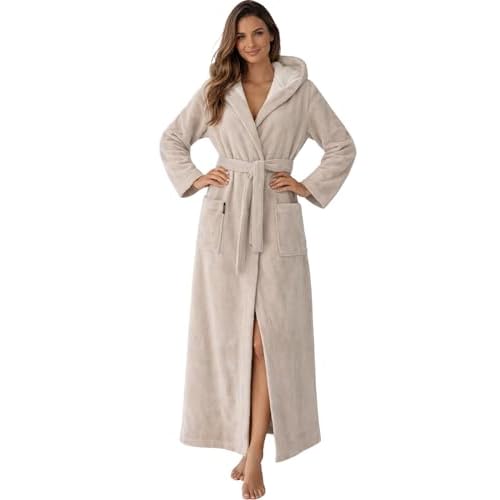 Morgenstern Bademantel Damen Extra Lang Kapuze Frottee Velours Luxus Morgenmantel Beige M