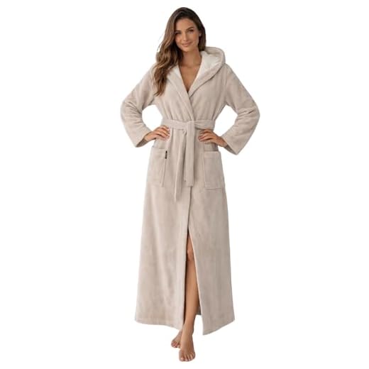 Morgenstern Dam Morgonrock Frottee Velour Huva Bomull Bambu Beige M extra lång
