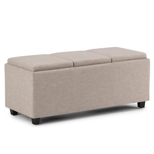 SIMPLIHOME Avalon 42" Wide Linen Look Fabric Storage Ottoman in Natural