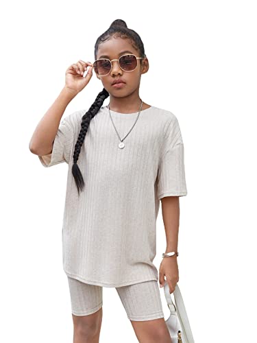 Image of Floerns Girls Rib Knit Short Sleeve T Shirt with Biker Shorts Set 2 Piece Outfit