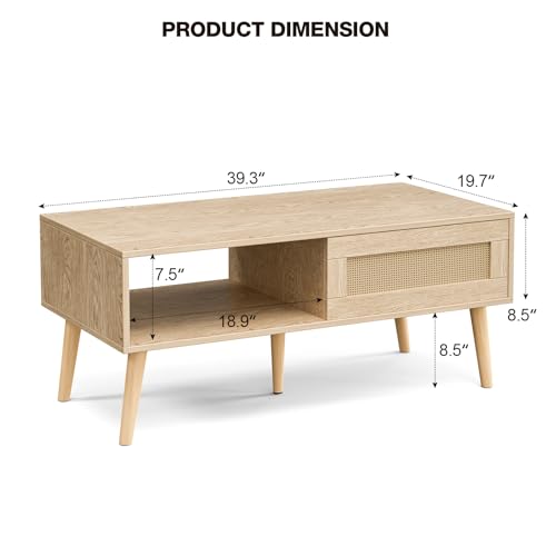 Image of ZttRiee Rattan Coffee Table with Sliding Doors, Mid-Century, Natural