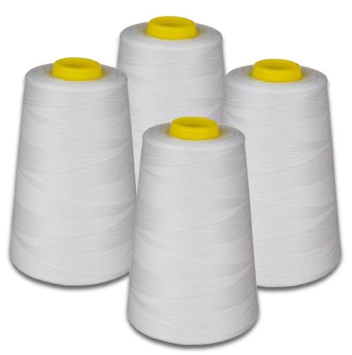 Ensemble 4 cônes de fil Lialina pour surjeteuse, Blanc, OEKO-TEX, épaisseur 120, 5000m par cône, 100% polyester, fil à coudre et surfiler pour surjeteuse