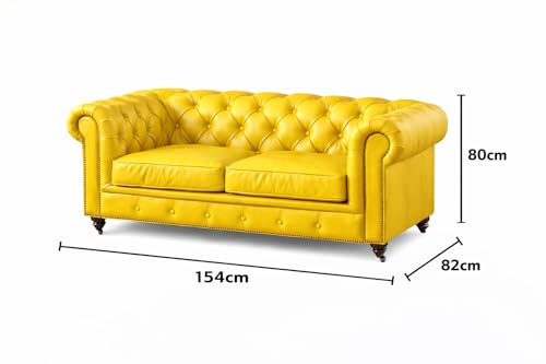 Image of UMAR ARTS Luxury Chesterfield Leatherate Sofa Set, Tufted Genuine Leatherate, Classic Living Room Furniture (Yellow 2 Seater)