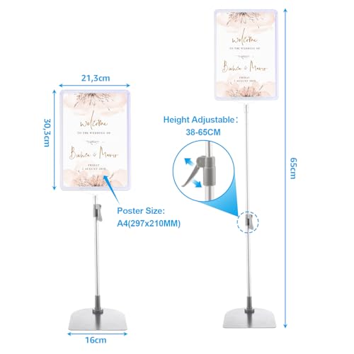 CYEER 2er Set Infoständer A4 Höhenverstellbar (38-65cm) – Schilderhalter mit flachem Metall-Standfuß – Plakatständer für Menüs, Werbung & Hochzeiten – Wetterfester Hinweisschild-Aufsteller in Weiß